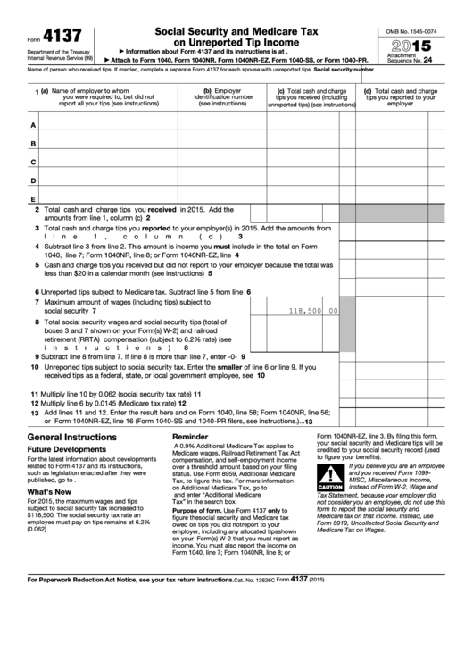 Fillable Form 4137 Social Security And Medicare Tax On Unreported Tip 