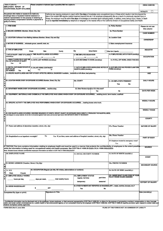 Fillable Form 5020 Employer S Report Of Occupational Injury Or 