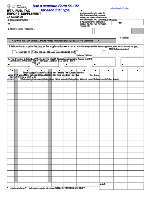 Fillable Form 56 102 Ifta Fuel Tax Report Supplement Printable Pdf