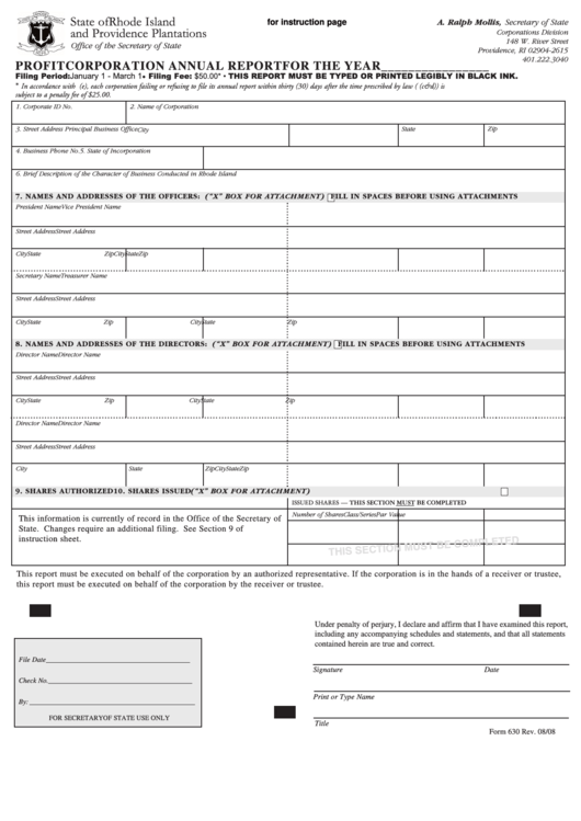 Fillable Form 630 Profit Corporation Annual Report Printable Pdf Download