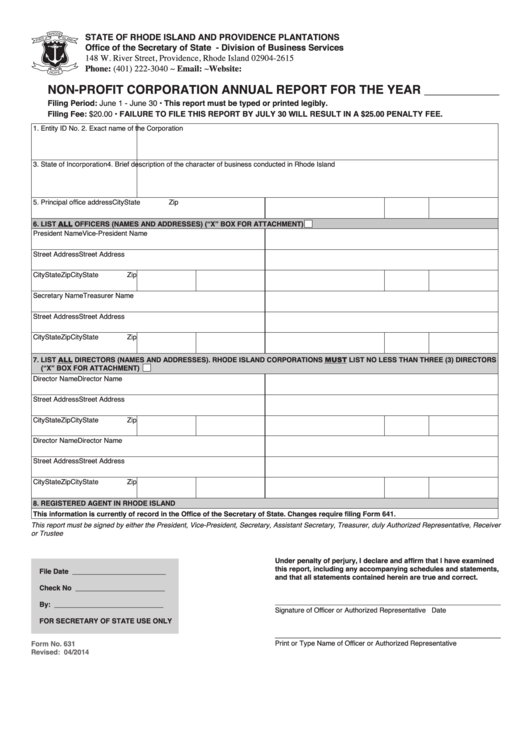 Fillable Form 631 Non Profit Corporation Annual Report For The Year 