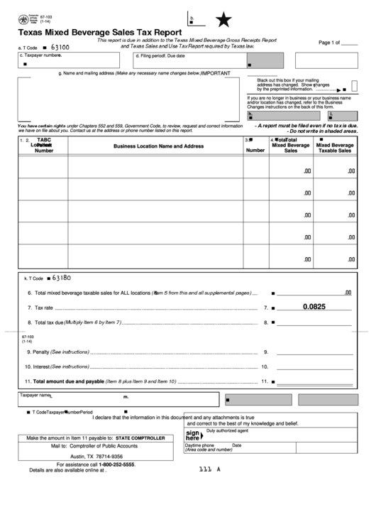 Fillable Form 67 103 Texas Mixed Beverage Sales Tax Report Printable 