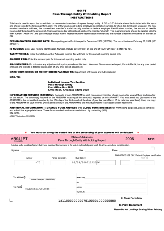 Fillable Form Ar941pt State Of Arkansas Pass Through Entity 