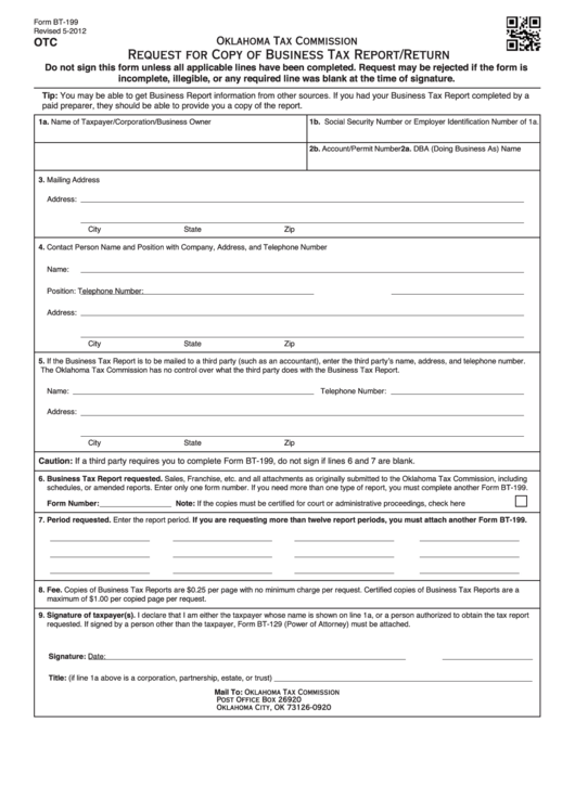 Fillable Form Bt 199 Otc Request For Copy Of Business Tax Report 