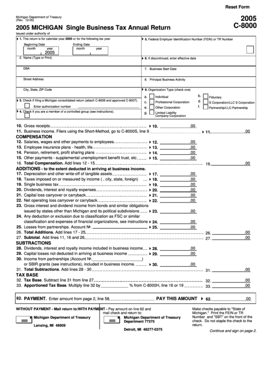 Fillable Form C 8000 Michigan Single Business Tax Annual Return 