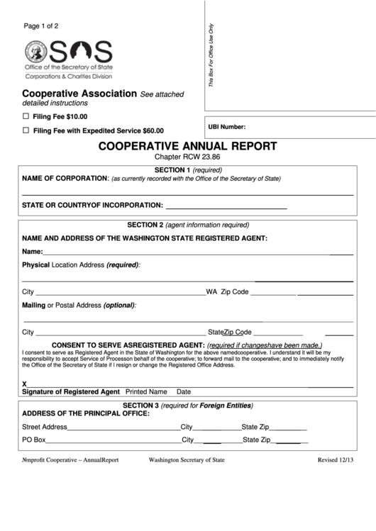 Fillable Form Cooperative Annual Report Washington Secretary Of State 