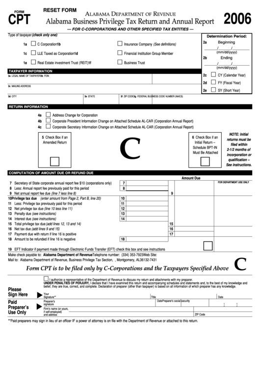 Fillable Form Cpt Alabama Business Privilege Tax Return And Annual 