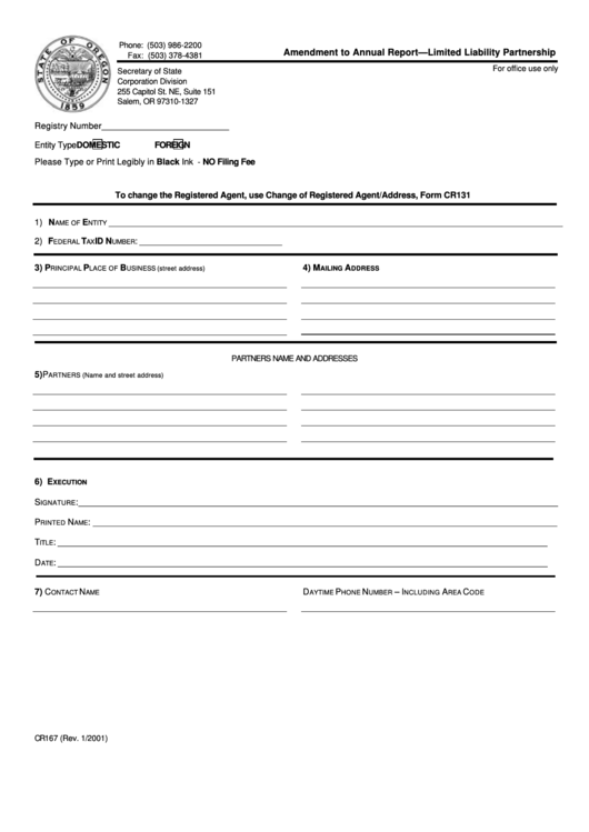 Fillable Form Cr167 Amendment To Annual Report Limited Liability