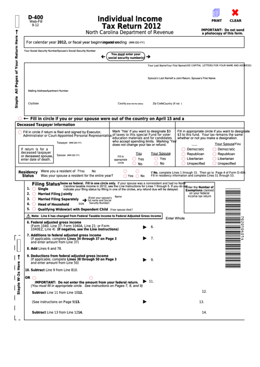 Fillable Form D 400 Individual Income Tax Return 2012 Printable Pdf