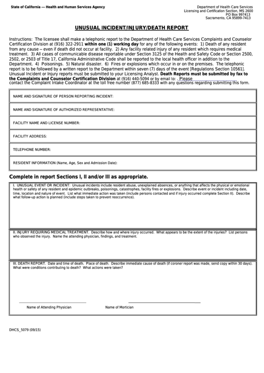 Fillable Form Dhcs 5079 California Unusual Incident injury death 