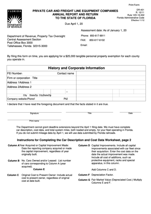 Fillable Form Dr 401 Private Car And Freight Line Equipment Companies 