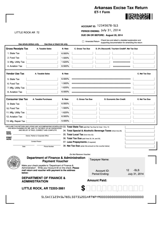 Fillable Form Et 1 Arkansas Excise Tax Return Printable Pdf Download