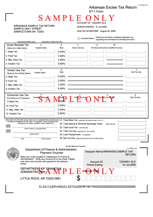Fillable Form Et 1 Sample Arkansas Excise Tax Return Printable Pdf 