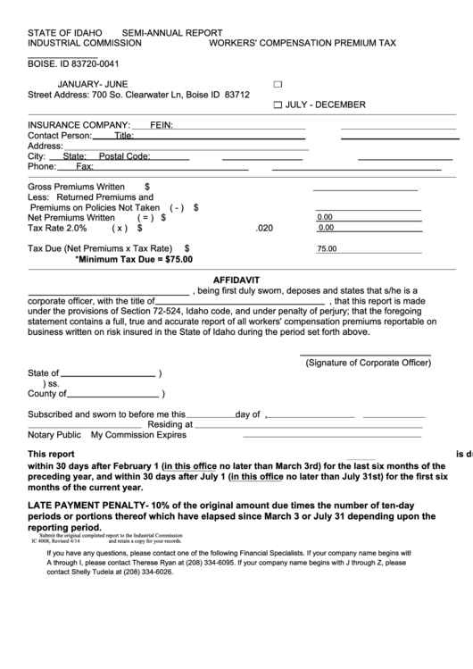Fillable Form Ic 4008 Semi Annual Report Workers Compensation Premium 