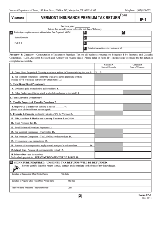 Fillable Form Ip 1 Vermont Insurance Premium Tax Return Printable Pdf 