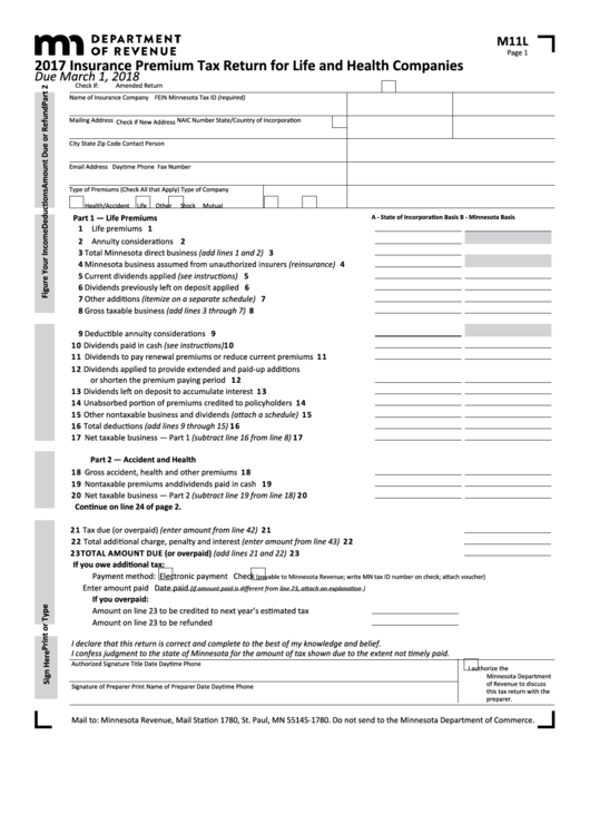 Fillable Form M11l Insurance Premium Tax Return For Life And Health 