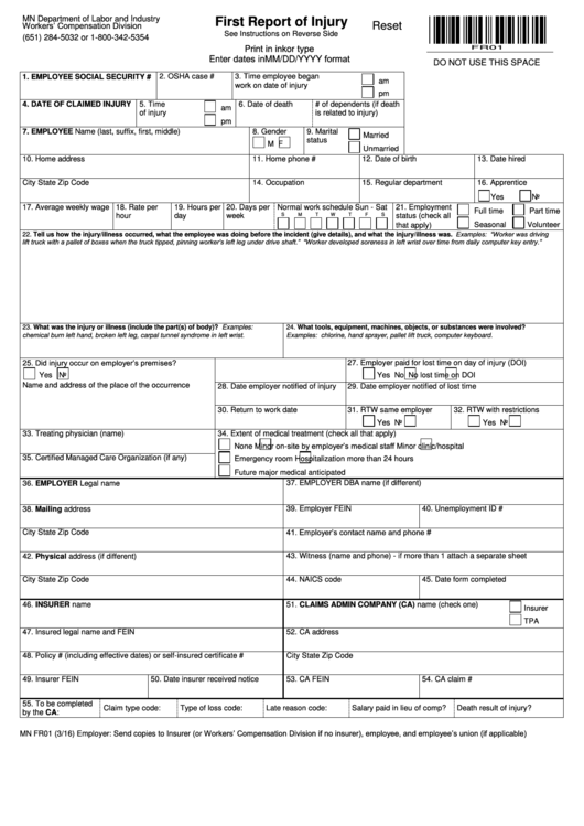 Fillable Form Mn Fr01 First Report Of Injury Minnesota Department 