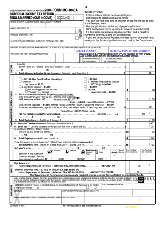 Fillable Form Mo 1040a Individual Income Tax Return Single married 