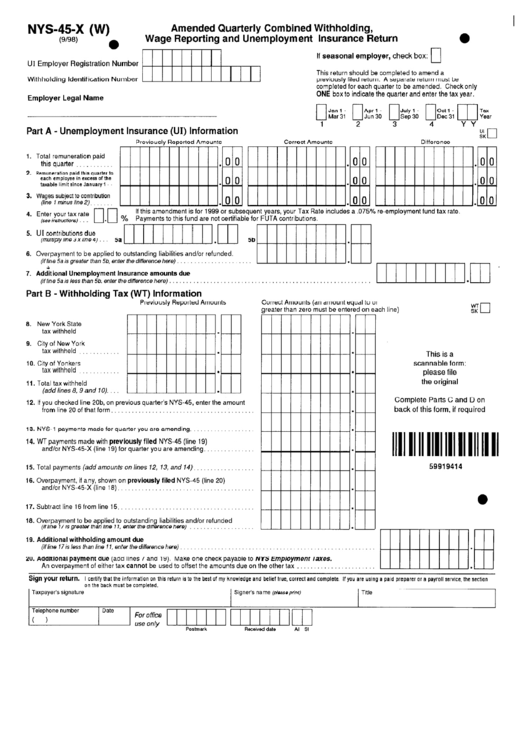 Fillable Form Nys45x Amended Quarterly Combined Withholding Wage 