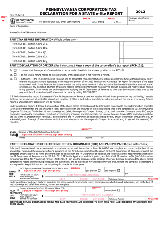 Fillable Form Pa 8453 C Pennsylvania Corporation Tax Declaration For 