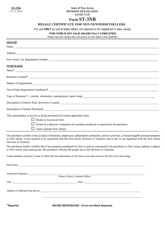 Fillable Form St 3nr Resale Certificate For Non New Jersey Sellers 