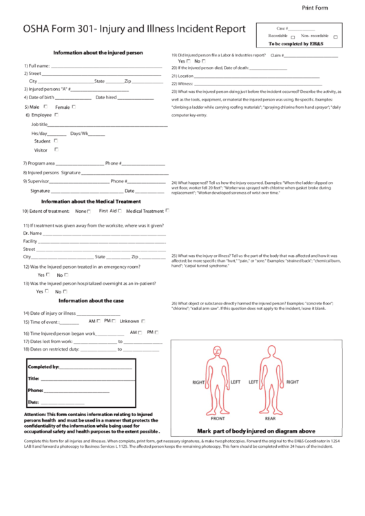 Fillable Osha Form 301 Injury And Illness Incident Report Printable 