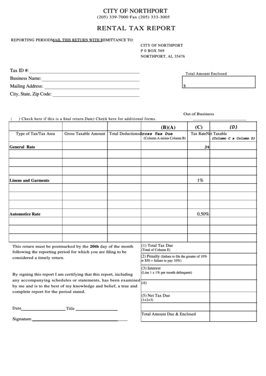 Fillable Rental Tax Report Form City Of Northport Printable Pdf Download