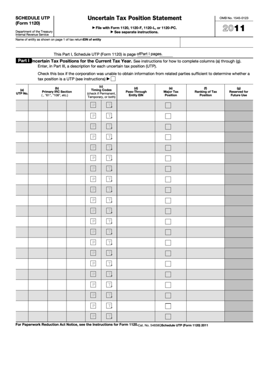 Fillable Schedule Utp Form 1120 Uncertain Tax Position Statement 