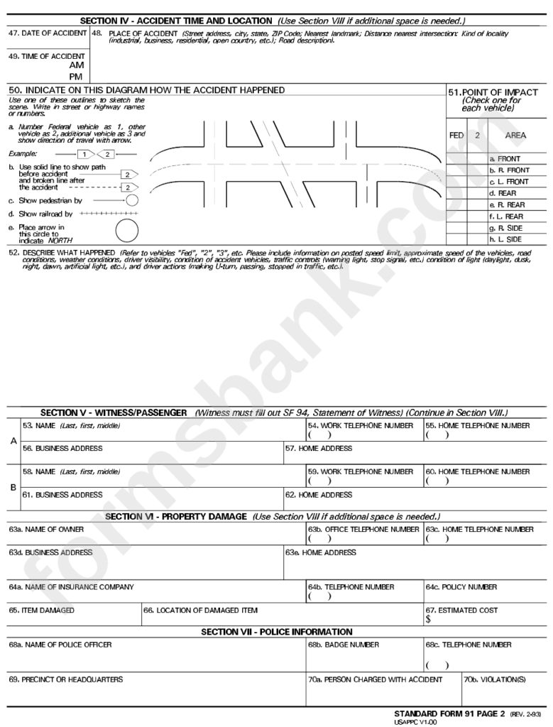 Fillable Standard Form 91 Motor Vehicle Accident Report Page 2 Of 4 
