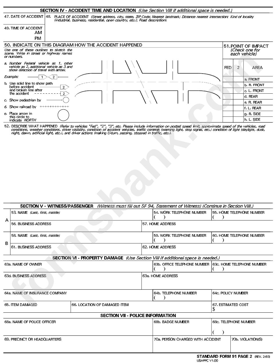 Fillable Standard Form 91 Motor Vehicle Accident Report Page 2 Of 4 