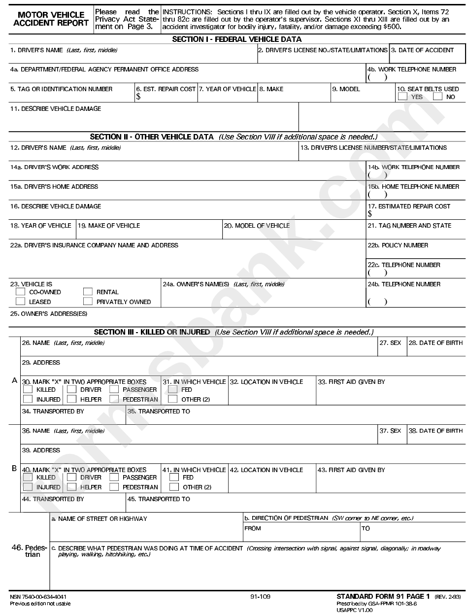 Fillable Standard Form 91 Motor Vehicle Accident Report Printable Pdf 