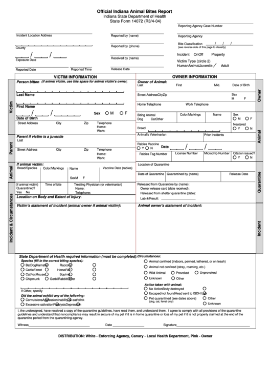 Fillable State Form 14072 Official Indiana Animal Bites Report 