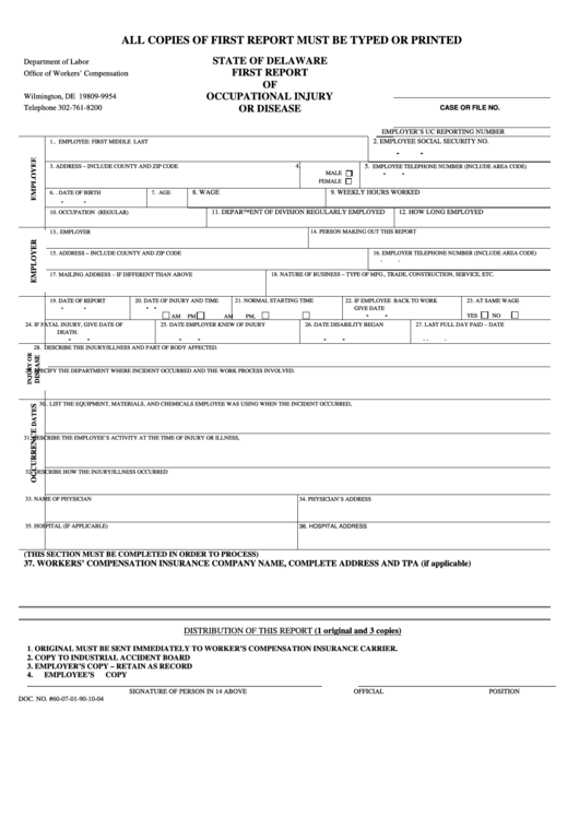 First Report Of Occupational Injury Or Disease Form Delaware 