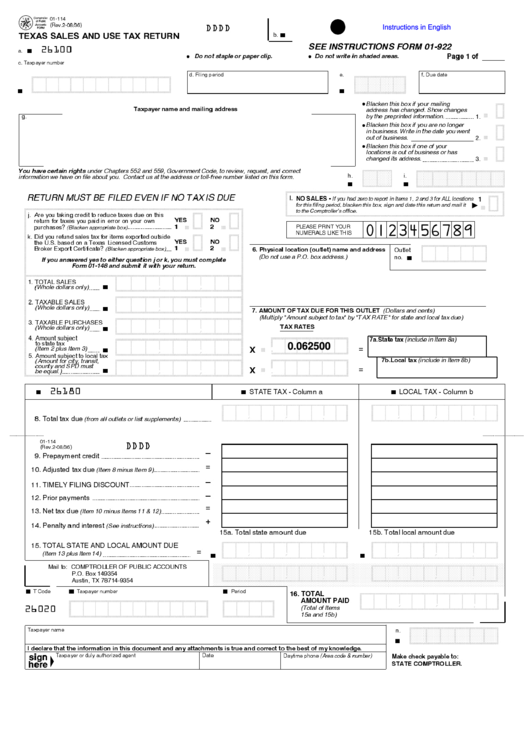 Form 01 114 Texas Sales And Use Tax Return Printable Pdf Download
