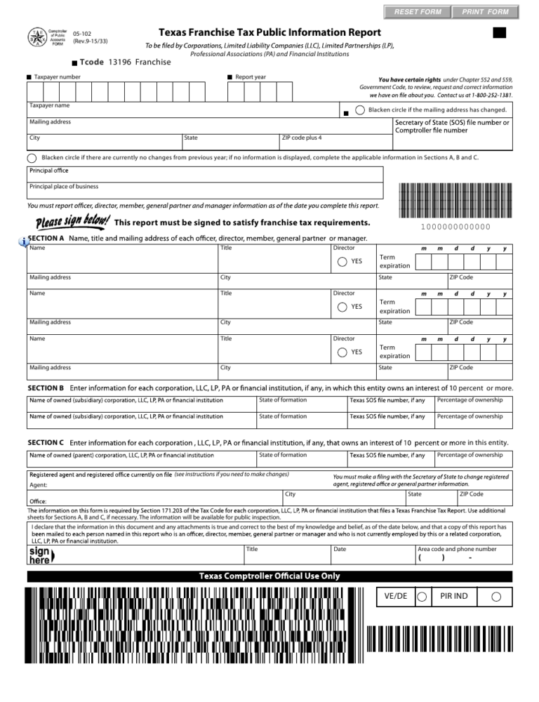 Texas Franchise Tax Report Forms For 2022