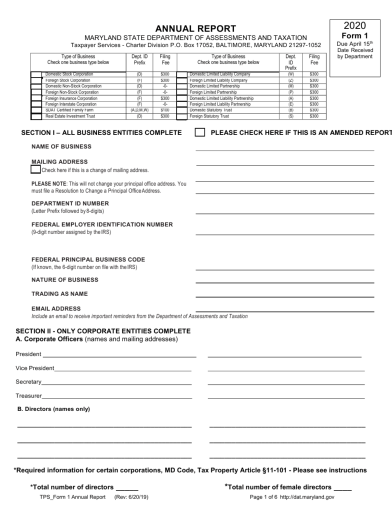 2022 Maryland Annual Report Form 1