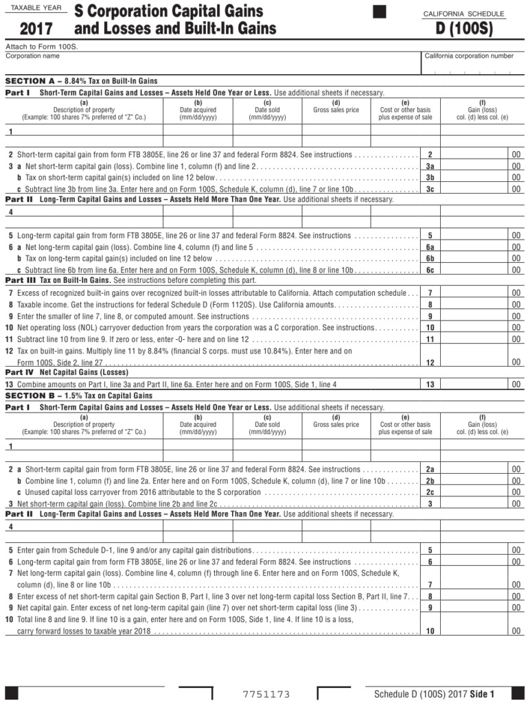 Form 100S Schedule D Download Printable PDF Or Fill Online S 