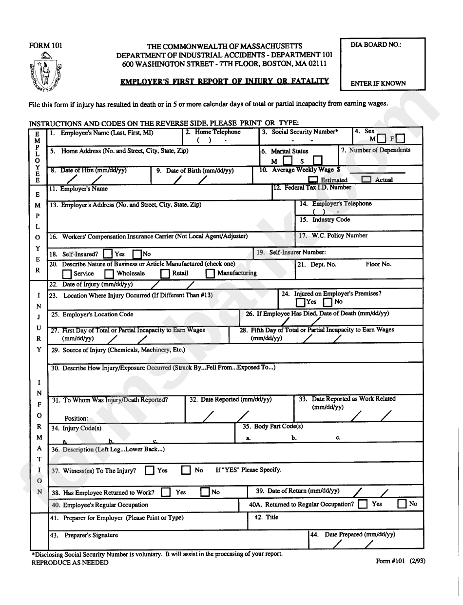 Form 101 Employer S First Report Of Injury Or Fatality Printable Pdf 