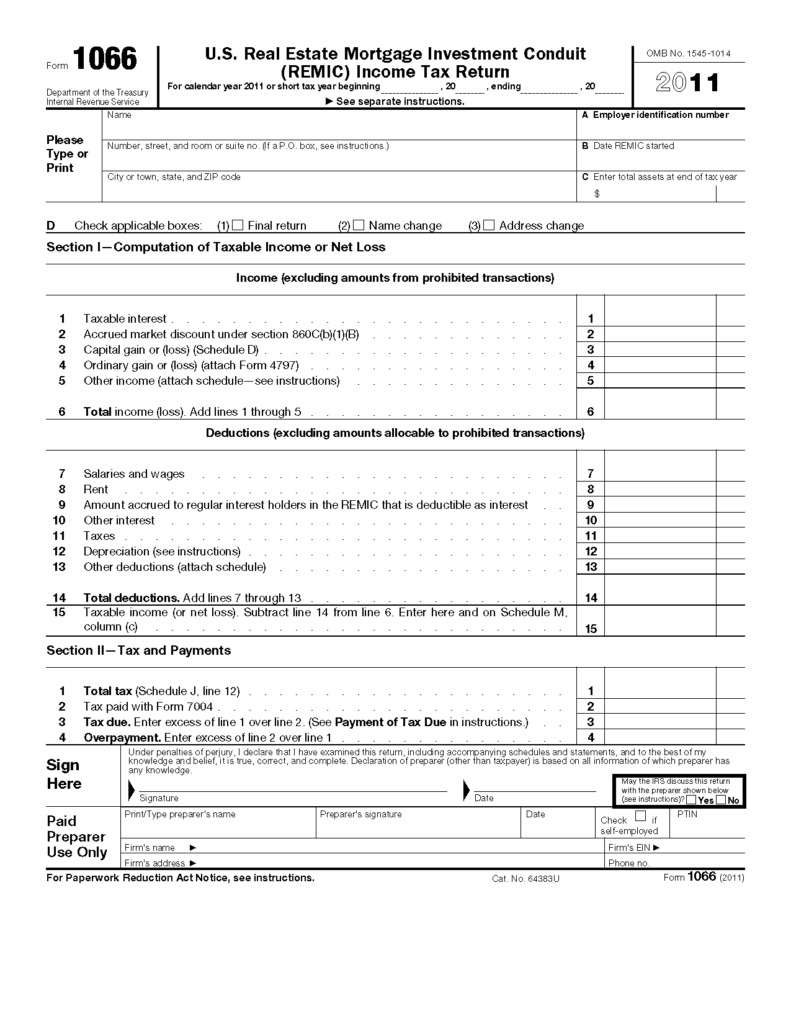 Form 1066 U S Real Estate Mortgage Investment Conduit REMIC Income 