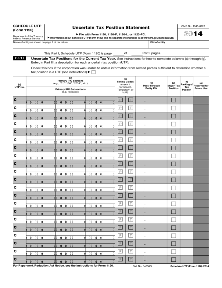 Form 1120 Schedule UTP Uncertain Tax Position Statement 2014 Free