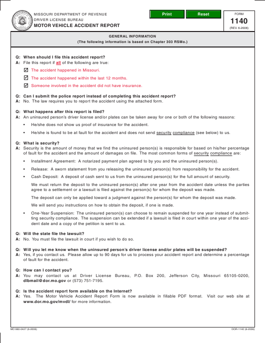 Form 1140 Download Fillable PDF Or Fill Online Motor Vehicle Accident 