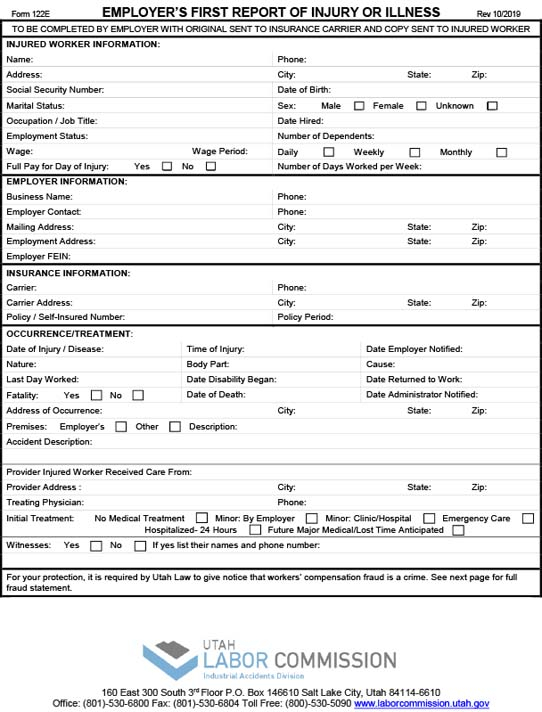 Form 122 E Employers First Report Of Injury Or Illness Utah Labor 