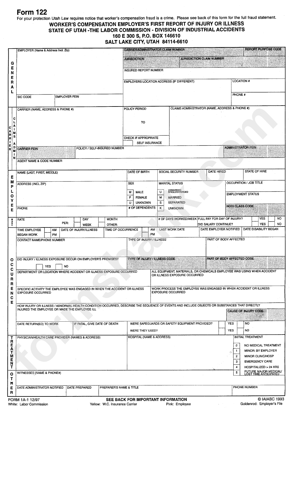 Form 122 Workers Compensation Employers First Report Of Injury Or 