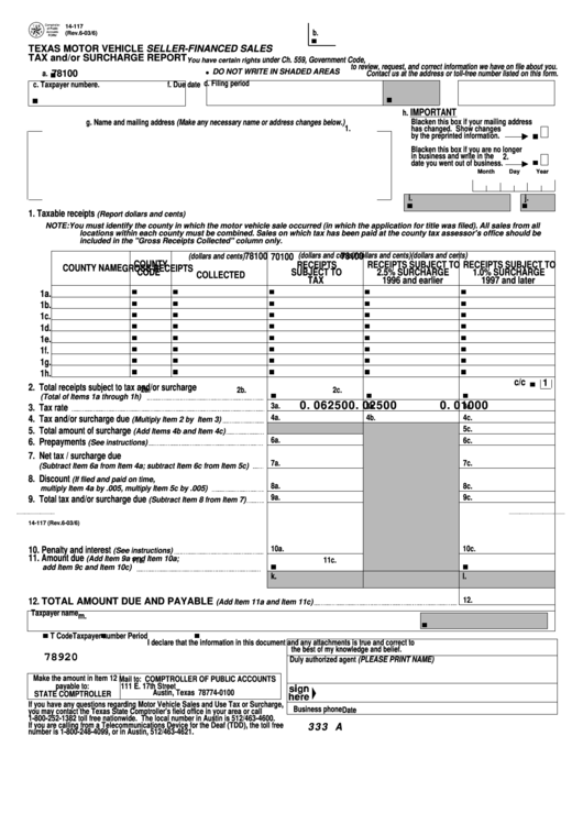 Form 14 117 Texas Motor Vehicle Seller Financed Sales Tax And or 