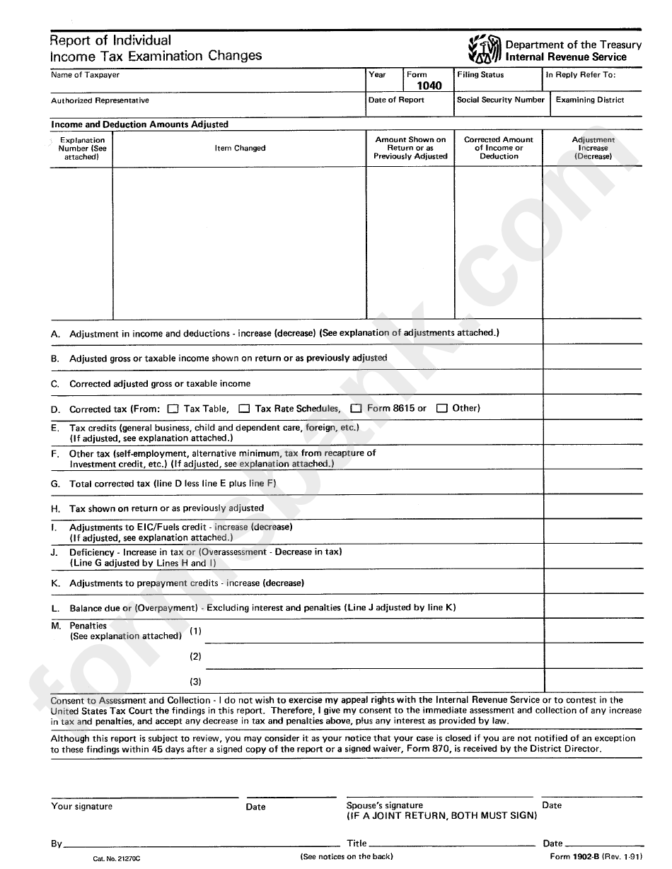 Form 1902 B Report Of Individual Income Tax Examination Changes 