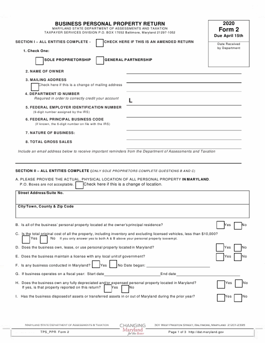 2022 Form 1 Annual Report Personal Property Tax Return Maryland