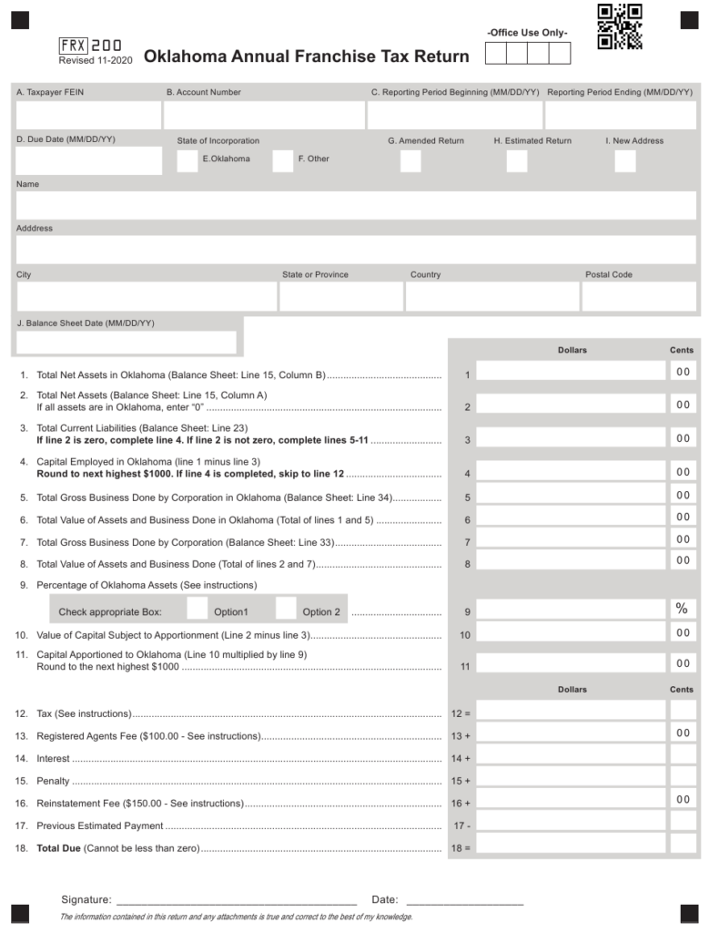Form 200 Download Fillable PDF Or Fill Online Oklahoma Annual Franchise 