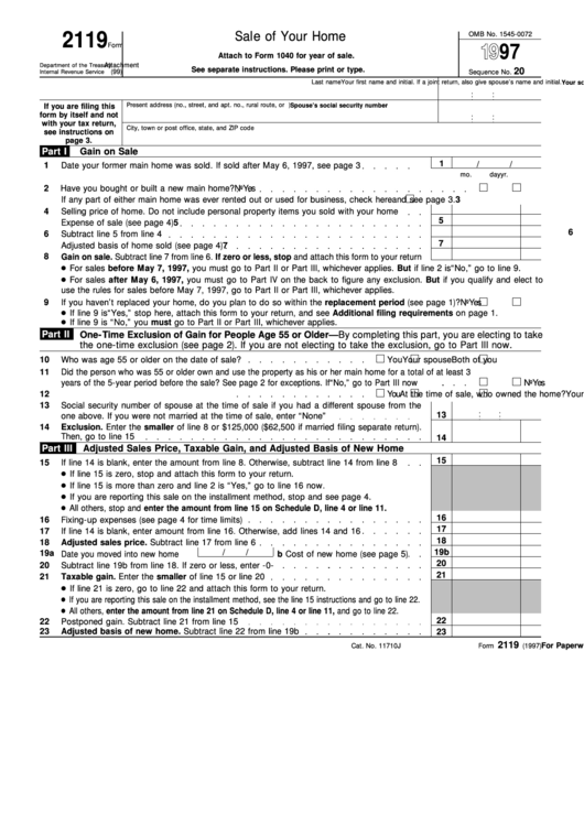 Form 2119 Sale Of Your Home 1997 Printable Pdf Download