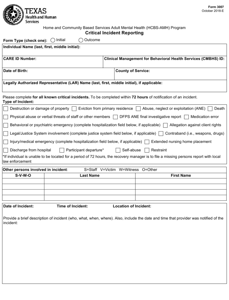 Form 3007 Download Fillable PDF Or Fill Online Critical Incident 