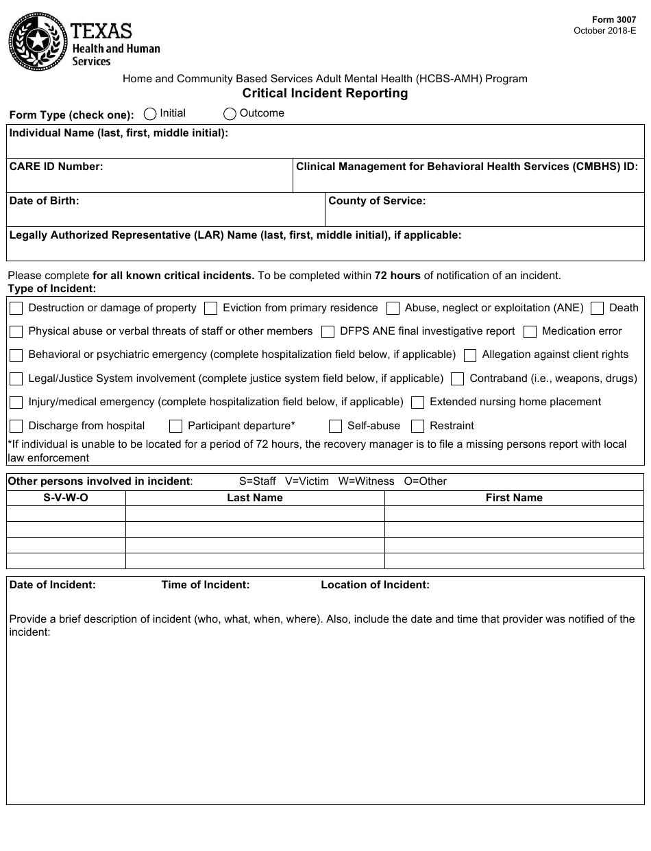 Form 3007 Download Fillable PDF Or Fill Online Critical Incident 